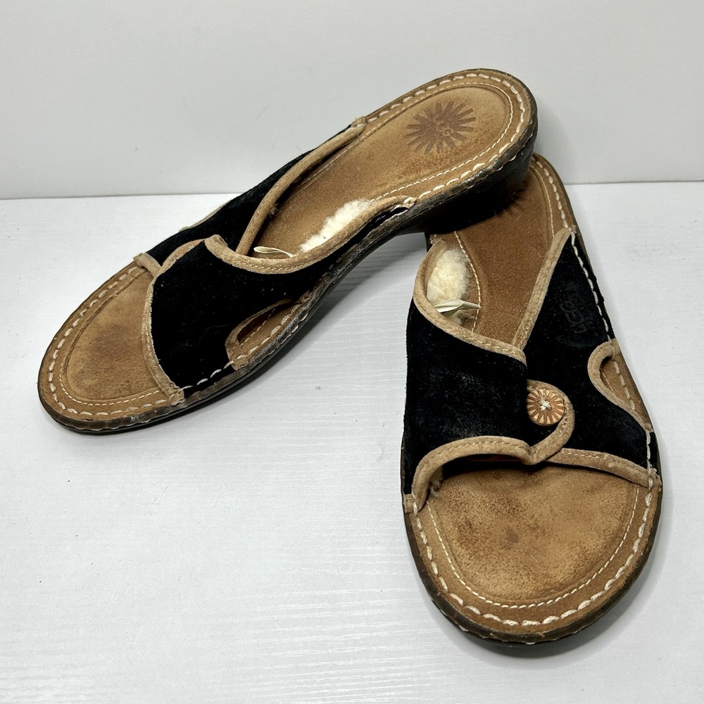 Ugg Kalama Sheepskin & Leather Black & Tan Slides Size 8